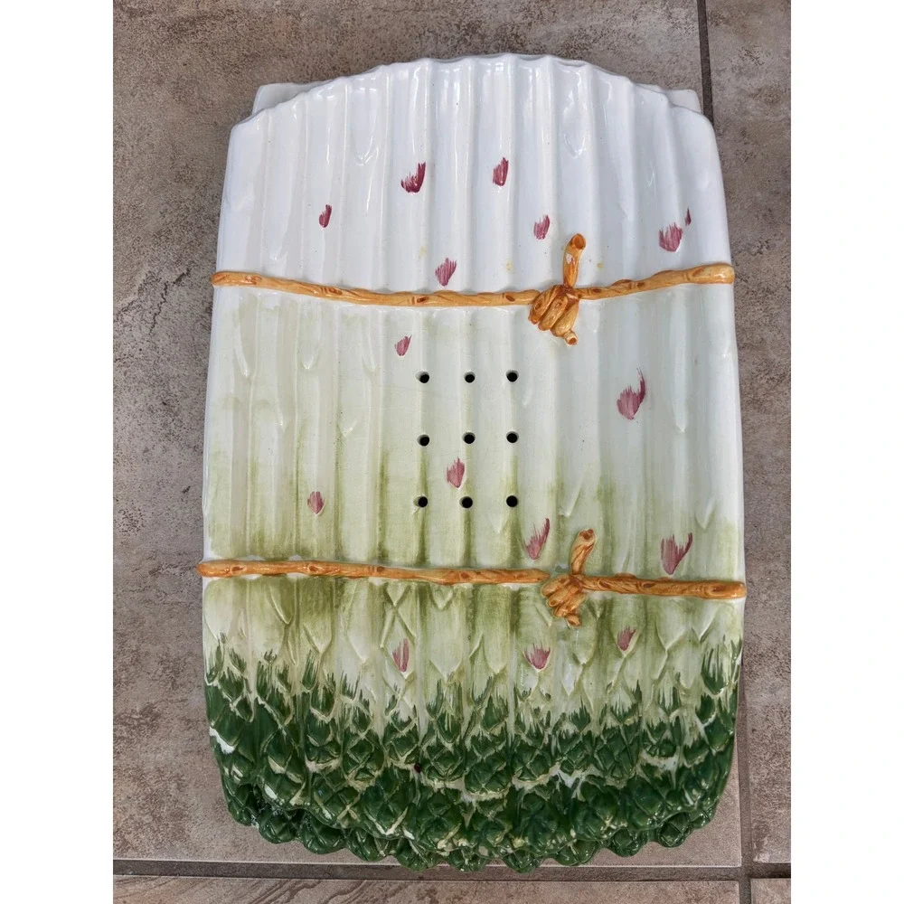 Sur La Table Italy Asparagus Server Set Majolica Ceramic Platter & Drainer 2pc